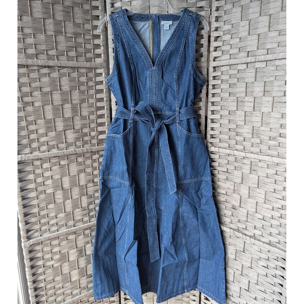 Sundance Poppy Midi Jean Dress Medium Wash Denim V-Neck Sleeveless Belted Sz 10